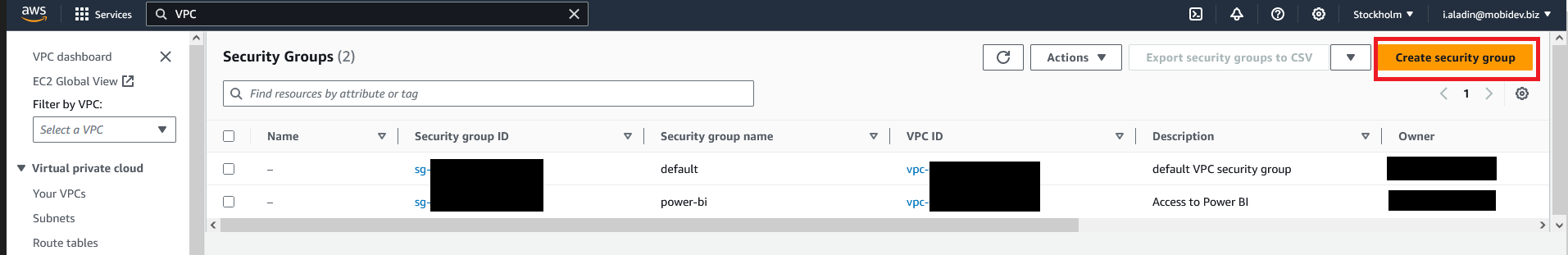 Create security group button